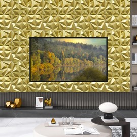 LEVOWAY 33 Pack 3D Modern Diamond Wall Panels for Interior Wall Decor,12''x12'' Champaign Gold Accent Wall Panles for Living Room,TV Wall Background,Bedroom