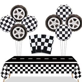 Racing Car Party Decorations - 3 Pieces Checked Race Track Tablecloths, 8 Pieces Foil Racing Car Balloons Checked Flag Tablecloth for Kids Adults Racing Car Birthday Party Supplies