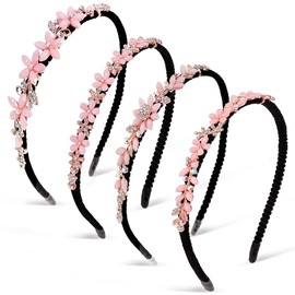 AHONEY 4 Pack Flower Girl Headpiece Rhinestone Headband Bridal Wedding Thin Headband Sparkly Crystal Headpiece Flower Headband Little Girls Kids Hair Accessories For Girls Women (Pink)