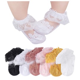 CHUNG Baby Toddler Girls Lace Trimmed Princess Ankle Socks Cotton Mesh Crew Socks Ruffles Pack of 6, Crystal, 6-12M