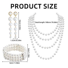 HSLPSM 3-Piece Bead Jewellery Set for Women, Pearl Set with Long Plastic Beads Earrings, 3 Rows Stretch Bead Bracelet, 1920s Pearl Necklace for Party, Prom, Wedding, Festival, Plastic, No
