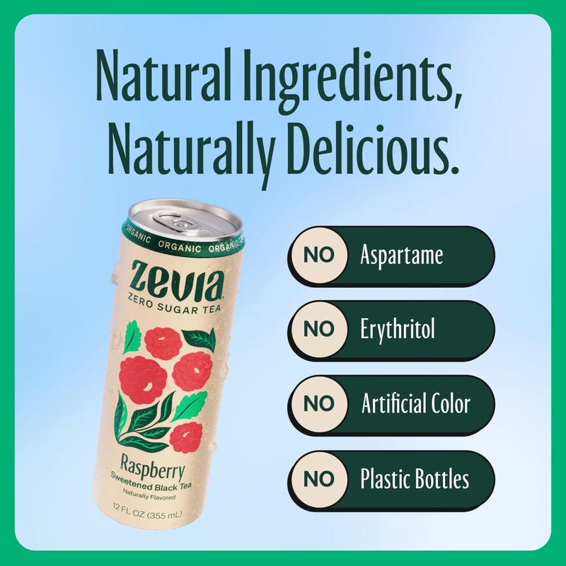 Zevia Zero Sugar Tea, Black Tea with Raspberry, 12 oz