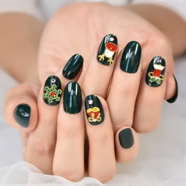 Coolnail Uñas Postizas Navideñas De Color Verde Oscuro, Redondas Y Ovaladas, Con Punta Francesa, Acrílicas, Con Copos De Nieve Y Alce, Con Diseños Completos, Para Mujer L6448 Juego De 75 Piezas
