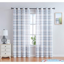 Randall Blue White Linen Window Curtain Panel Pairs for Living Room 95" Long Geometric Check Grommets Top Semi Sheer Window Treatment Heavy Rustic Farmhouse Style Drapes for Bedroom 54"x95"x2