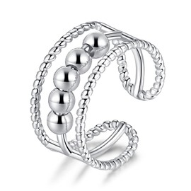 Kamise Silver Anxiety Ring for Women, 925 Sterling Silver Fidget Ring with 5 Worry Beads, Adjustable Open Stress Relief Ring, Silver Anti-Anxiety Ring, Fashion Anxiety Relief Gifts with Gift Box
