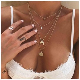 Yheakne Boho Layered Coin Necklace Choker Gold Disc Pendant Necklace Multi Layering Crescent Moon Necklace Long Circle Necklace Chain Jewellery for Women and Girls (Gold), Metal