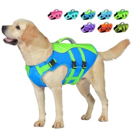 Petglad Dog Life Jacket, Reflective Dog Harness Life Vest with Rescue Handle for Swimming Boating, Adjustable High Buoyancy Flotation Swim Vest for Small Meium Large Dogs - Blue & Green, L