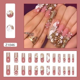 FIEONCIY Press on Nails Coffin Long Length Acrylic Glossy Full Cover Square Shaped French False Nails with Designs Artificial Extra Long Fake Nails with Charms Glue ons Fingernails for Women(Z1046)