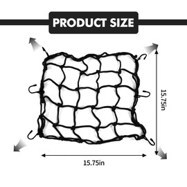 Wogomz 15"×15" Motorcycle Cargo Net, Elastic Cargo Bungee Net Strech to 30"×30", Gear Helmet Luggage Netting with 2"×2" Small Mesh & 6 Adjustable Hooks Fit for Motorcycle ATV Bike (Black)
