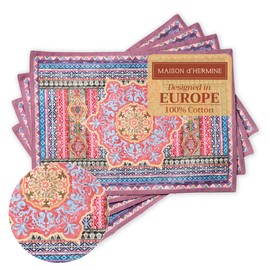 Maison d'Hermine Place Mats, Set of 4, 100% Cotton Washable Placemats, Reusable Place Mats for Christmas Decorations, Kitchen, Dining Room, Wedding (Ispahan, 33 cm x 48 cm)