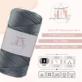 Makromecity Macrame Yarn 2 mm x 230 m, Premium Polyester Macrame Cord, Polypropylene Yarn for Crafts, Home Decorations, Place Mats, Shoulder Bags, Handbags, Runners, Comforters, Chains