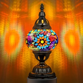 Marrakech Turkish Table Lamp with Bronze Base，Handmade Colorful Moroccan Tiffany Style Mosaic Glass Night Stand Light Fixture Including LED Bulb for Living Room Bedroom Decor