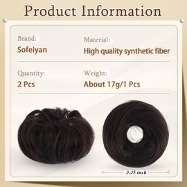 SOFEIYAN 2PCS Messy Bun Hair Piece Wavy Curly Chignon Extension Mini Messy Hair Bun Scrunchies Synthetic Donut Wig Accessory Updo Space Bun Hair Pieces for Women Girls, Darkest Brown/Dark Auburn Mix