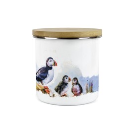 Puffins on the Rocks Tea Storage Canister - Coastal Sea Birds Homewares Presents - Tea/Coffee/Sugar Metal Enamel Hot Drinks Storage Container Gifts