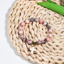 Christian Gifts for Women, Men Cross Beads Stretch Bracelet Catholic Religious Jewelry Gifts Healing Natural Stone Pink Zebra Bracelet for Women Godmother, Mothers Day Gifts,Birthday Gifts,Easter Jewelry Gifts,Inspirational Gifts (Gold Happy momments,pra