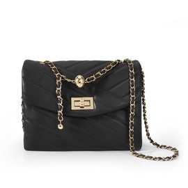 Elegant Black Crossbody Purse for Women - Quilted Design, Adjustable Shoulder Bag, Rotation Lock Seal, Gold Chain Strap, Perfect Birthday Gift.:_Black