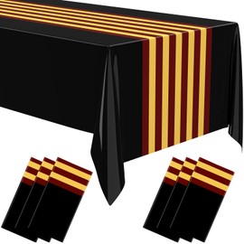 Oudain 6 Pcs Striped Tablecloth 108 x 54 Inch Disposable Plastic Table Cloth Waterproof Tablecloth Rectangle Table Cover for Birthday Wedding Bridal Party Supplies (Red Yellow Black)