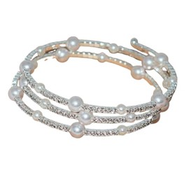 DATOA Sparkling Pearl Rhinestone Multi Layered Stretch Wrap Pearl Bracelet Shiny Vintage Strand Layered Bracelet Gift for Women Brides Wedding - Silver