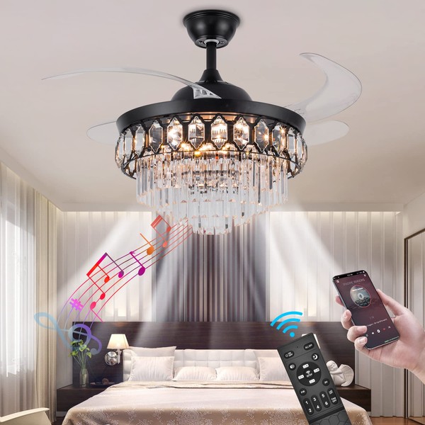 Bavnnro Crystal Ceiling Fan with Lights Smart Bluetooth Music Player,42 Inch LED Reverse Dimmable Remote Control Retractable Invisible Blades Indoor Ceiling Fan for Living Room Polished Chrome