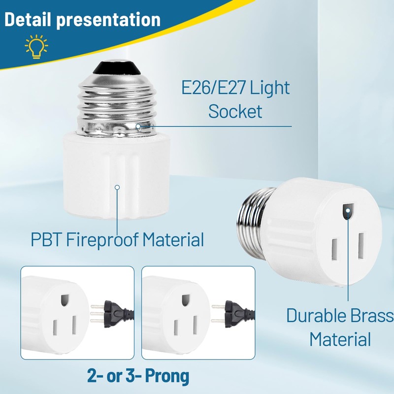 ENATECLITE 3-Prong Light Socket to Plug Adapter,E26/E27 Light Socket Outlet,2/3