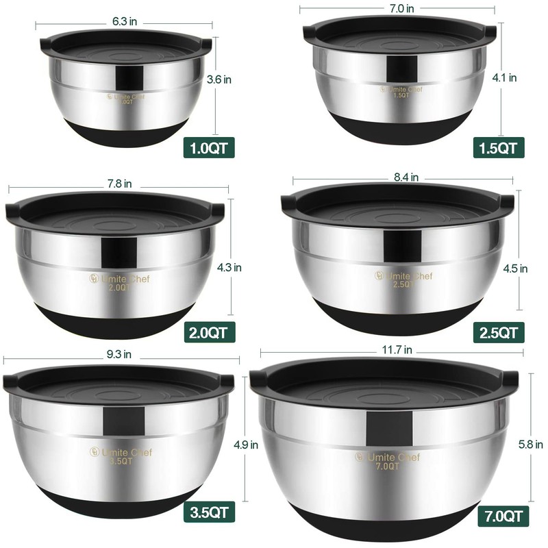 Umite Chef Mixing Bowls with Airtight Lids，6 piece Stainless Steel