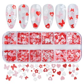 1 Box Valentine's Day Nail Glitters Holographic Nail Art Sequins Pink White Heart Nail Glitter Sequin Flower Butterfly Glitter 3D Nail Sequins for Women Girls Manicure DIY Nail Art Decorations