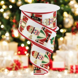 Nutcracker on Canvas Wired Edge Ribbon - 10 Yards (White, 2.5 Inch)