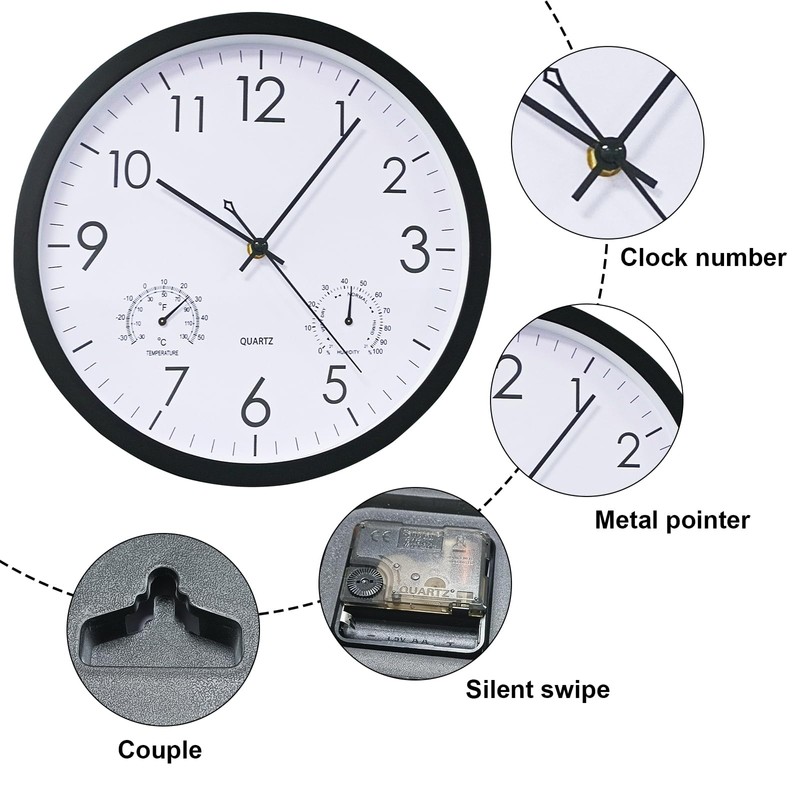 Chedin Round Quartz Wall Clock without Ticking, Weatherproof with Thermometer