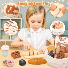 Wooden Bakery Playset Food Toys, Kids Pretend Play Food Baking Set Kitchen Accessories with Storage Bag, Pretend Play Bread Cutting Food for Boys Girls 3+
