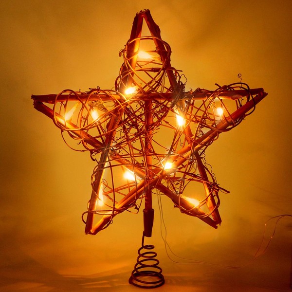 Tree Toppers Christmas Decorations, NEWBE 10 LED Lights Christmas Star Tree Topper,Rattan Rustic Christmas Tree Topper for Home Decorations