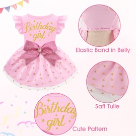 Dog Birthday Girl Dress Ruffle Dog Dress with Sparkly Pink Bowknot Tulle Birthday Princess Pet Clothes for Small Medium Large Dogs Girls Boys Cats Outfit Apparel