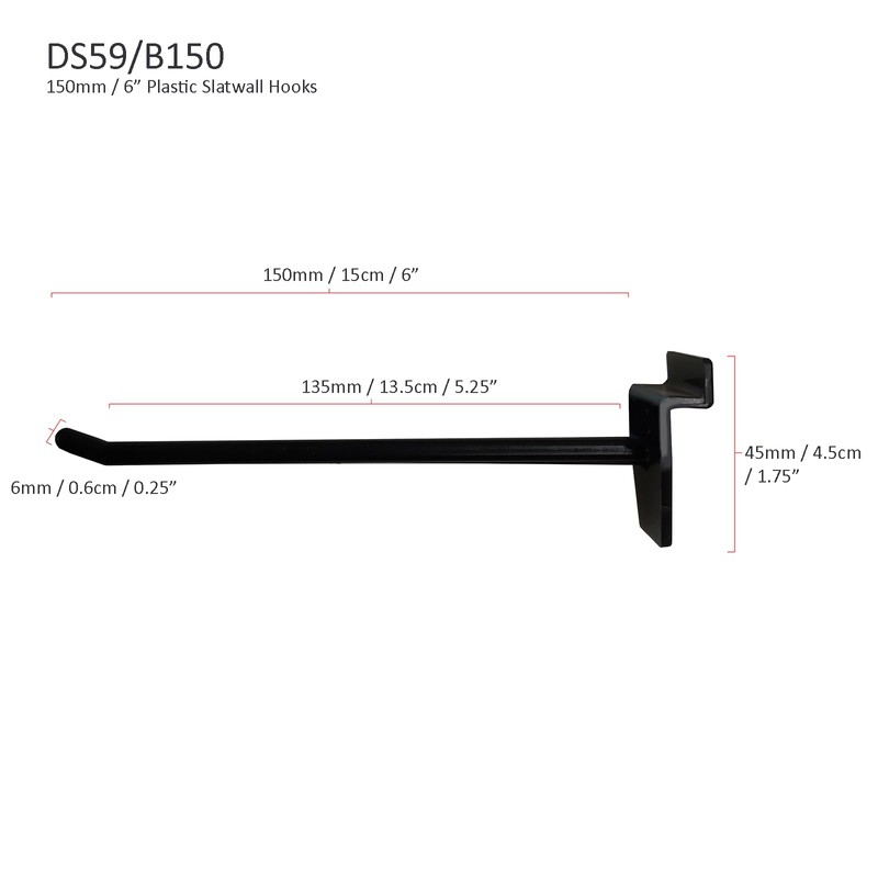 50PCS Slatwall Hooks - 6" / 150mm Single Plastic Hooks