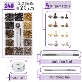 UNCO- Leather Rivets Kit, 4 Colors, 2 Sizes, 240 pcs, Tubular Metal Studs with Fixing Tools, Double Cap Rivets, Rivets for Leather, Rivets for Fabric, Leather Hardware Supplies.