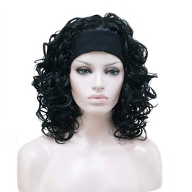 Aimole 16 Inches Short Curly Hair Black Wigs Women's Wig 3/4 Half Wig with Black Headband (1-Black)