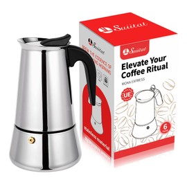 Suiitat Moka Pot, 6 Cups (10.6 oz) Stovetop Espresso Maker, 304 Stainless Steel Moka Pot, Induction Compatible, Silver