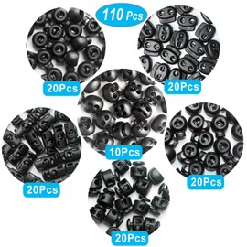 ZUSHALLMY 110pcs Upgraded Plastic Cord Lock,cord locks for drawstrings, draw string clip, spring toggle stopper fastener for Paracord, Clothing, shoelaces and bags(6 Sizes, Black)