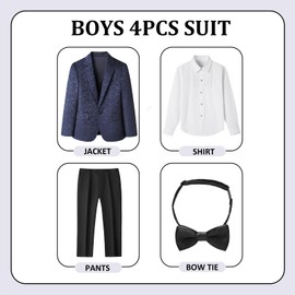 Lamgool Tuxedo Suits for Boys Floral Jacquard Kids Formal Outfit 4-Piece Set Size 10 Navy Blue Blazer Pants White Shirt Bow Tie Prom