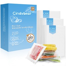 Cindybear 150pcs Vacuum Sealer Bags, Gallon 11"x16" and Quart 8"x12" and Pint 6"x10" Food Saver Bags, Pre-cut Commercial Grade Vac Bags for Food Storage, BPA Free, Heavy Duty, Meal Prep or Sous Vide