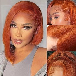 TONGMAY Ginger Bob Wig 8 Inch Glueless Wigs Human Hair Pre Plucked 180% Density Short Straight Ginger Frontal Bob Wig for Women 13x4 HD Lace Front Wigs Human Hair