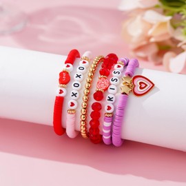 RISHEGAE Valentine Bracelets for Women Heishi Stretch Bracelets Stackable Heart Charm Bracelet Kiss Love Bracelet Set Valentine jewelry gifts for Women