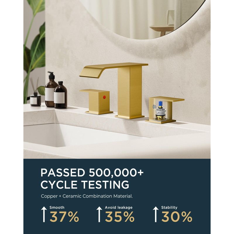FORIOUS Bathroom Faucets, Brushed Gold Bathroom Faucet 3 Hole, Waterfall
