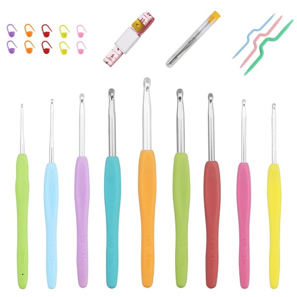 Crochet Hooks Set, 9 Pieces Aluminium Knitting Needles Kit Ergonomic