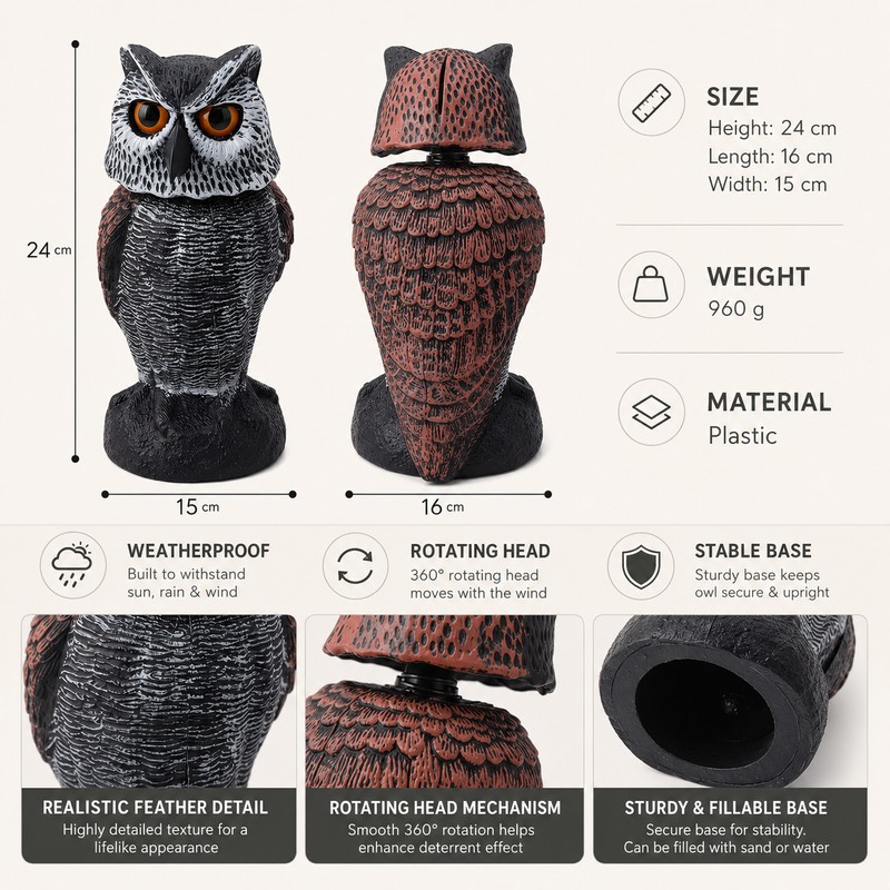 Owl Decoy for Garden Bird Deterrent – Plastic Rotating Head