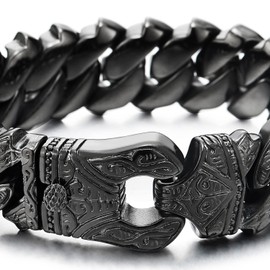 Mens Vintage Black Steel Fancy Curb Chain Bracelet with Tribal Tattoo Pattern Retro