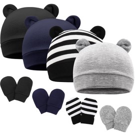 AQOKKA 4 Pcs Newborn Baby Bear Ear Hats and Mittens Set Infant Cotton Beanie Caps No Scratch Gloves Newborn Hospital Hat for Baby Boy Girl 0-3 Months