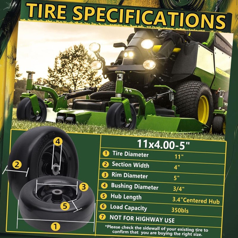 Wiltire 11x4.00-5 Flat Free Tire and Wheel (2 Pack),Universal 11x4-5