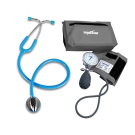 KIT MEDSTAR | Baumanómetro Aneroide Platinum GRIS y Estetoscopio de una Campana de Lujo AZUL C