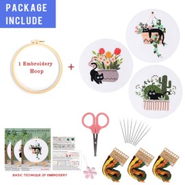 WEENEO Black Cat Embroidery Kit for Beginners Floral Plant Needlepoint Kit for Adults Cross Stitch Starter Kit with Embroidery Hoop Needles,Threads and Stamped Embroidery Patterns,3 Embroidery Set