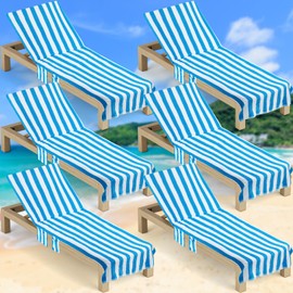 SmoothNovelty 6 Pcs Pool Chair Covers 30 x 85 Inch Large Lounge Chair Cushion Covers with Top and Side Pocket Stripe Beach Chair Towels for Summer Outdoor Indoor Pool Beach Patio Furniture(Blue)