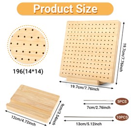 Granny Square Tensioner Blocking Board 19.5 x 19.5 cm, Wooden Clamping Board for Granny Squares, Includes 10 Stainless Steel Rods & 5 Needles, Blocking Board Crochet, Practical Crochet Accessories for